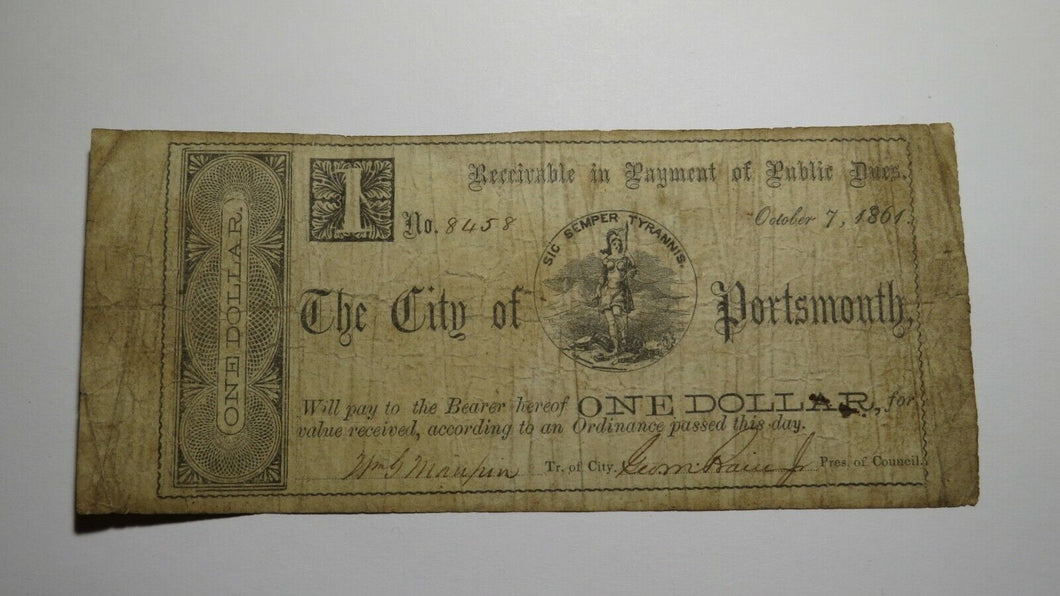 $1 1861 Portsmouth Virginia VA Obsolete Currency Bank Note Bill! City of Port.