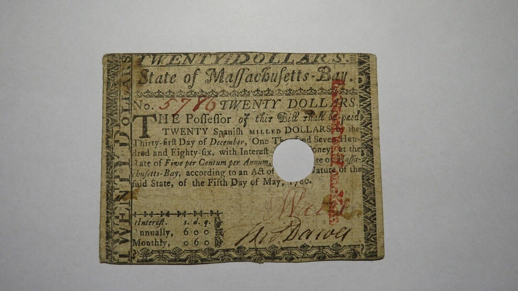 $20 1780 Massachusetts Bay MA Colonial Currency Bank Note Bill May 5, 1780 FINE+