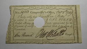 1789 One Pound Connecticut Colonial Currency Interest Certificate Oliver Walcott