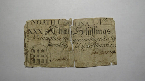 1754 Thirty Shillings North Carolina NC Colonial Currency Note Bill! RARE 30s!
