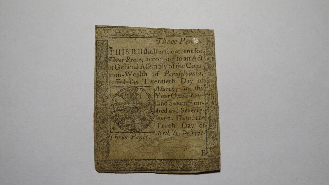 1777 Three Pence Pennsylvania PA Colonial Currency Bank Note Bill RARE ISSUE 3d