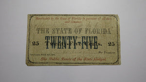 $.25 1863 Tallahassee Florida Obsolete Currency Bank Note Bill State of FL RARE