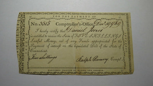 1789 5s Connecticut Comptroller's Office Colonial Currency Note! Pomeroy Signed
