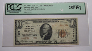 $10 1929 Millville New Jersey NJ National Currency Bank Note Bill #1270 VF! PCGS