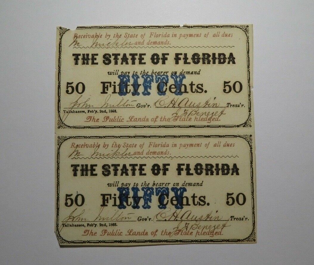 $.50 1863 Tallahassee Florida FL Uncut Pair of Obsolete Currency Bank Note Bills
