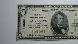 $5 1929 La Grande Oregon OR National Currency Bank Note Bill Charter #13602 VF+