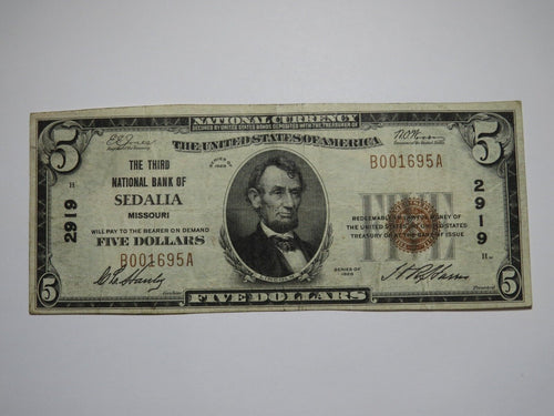 $5 1929 Sedalia Missouri MO National Currency Bank Note Bill Ch #2919 Very Fine+