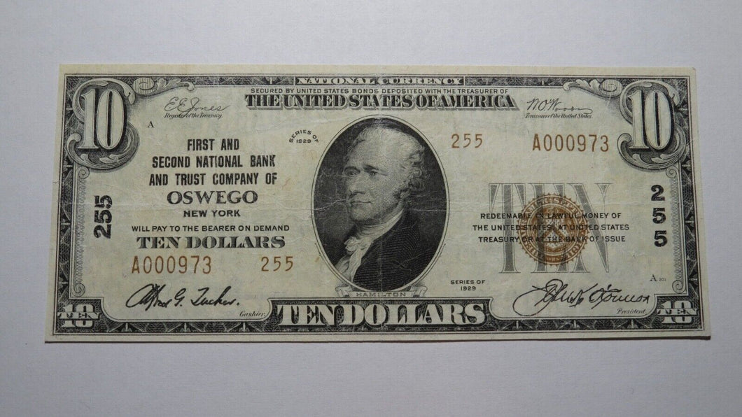 $10 1929 Oswego New York NY National Currency Bank Note Bill Ch. #255 VF+ RARE!
