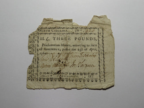 1761 Three Pounds North Carolina NC Colonial Currency Note Bill! £3 RARE