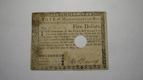 $5 1780 Massachusetts Bay MA Colonial Currency Bank Note Bill! May 5, 1780 VF++