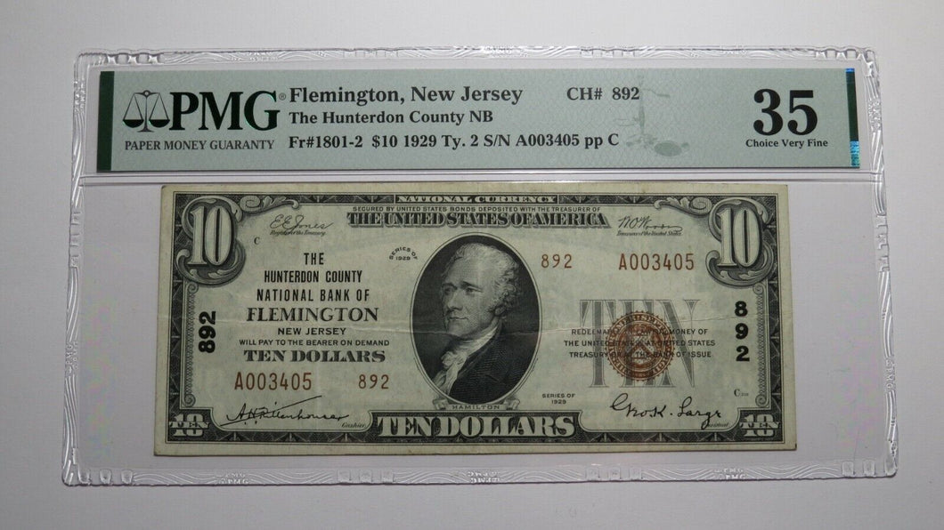 $10 1929 Flemington New Jersey NJ National Currency Bank Note Bill Ch. #892 VF35