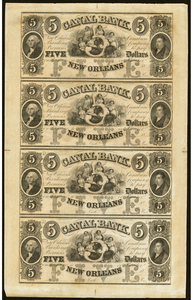 $5 1850's New Orleans Louisiana LA Obsolete Currency Uncut Sheet Note Canal Bank