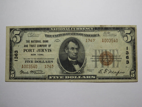 $5 1929 Port Jervis New York NY National Currency Bank Note Bill Ch. #1363 VF