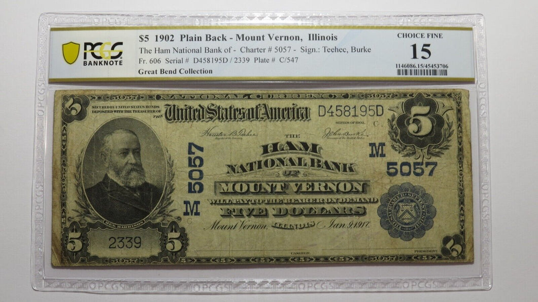 $5 1902 Mount Vernon Illinois IL National Currency Bank Note Bill #5057 F15 PCGS