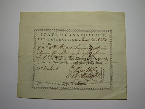 1784 Connecticut Pay Table Office Colonial Currency Note Bill Oliver Wolcott