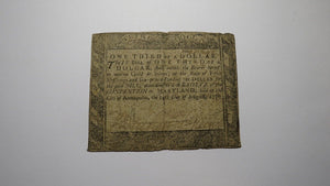 1776 $1 1/3 Annapolis Maryland MD Colonial Currency Bank Note Bill DOI RARE BILL