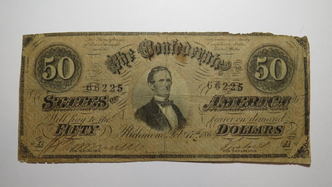 $50 1864 Richmond Virginia VA Confederate Currency Bank Note Bill RARE T66 VG