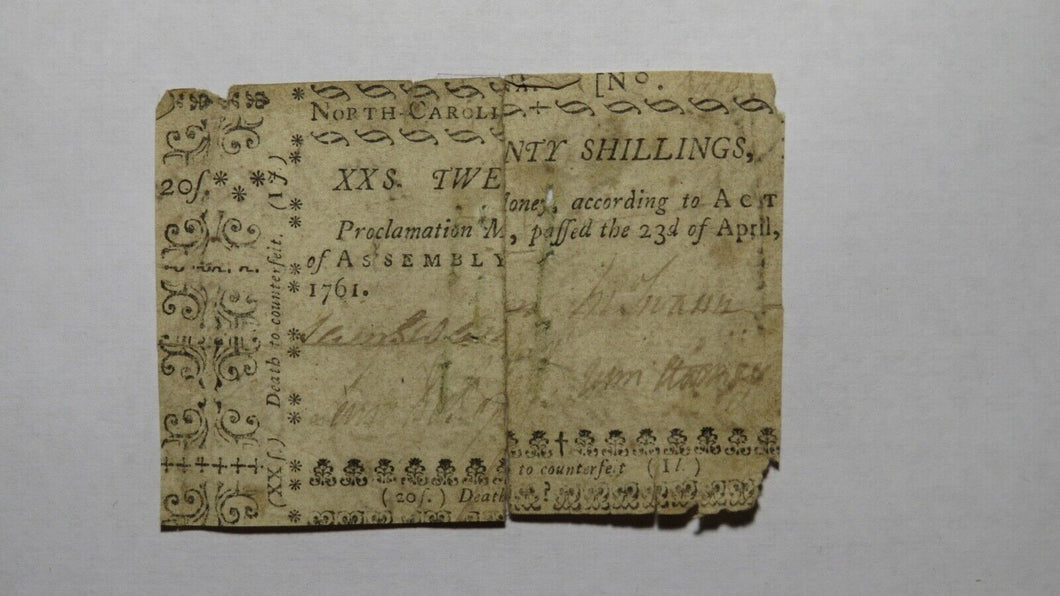 1761 Twenty Shillings North Carolina NC Colonial Currency Note Bill! 20s! RARE