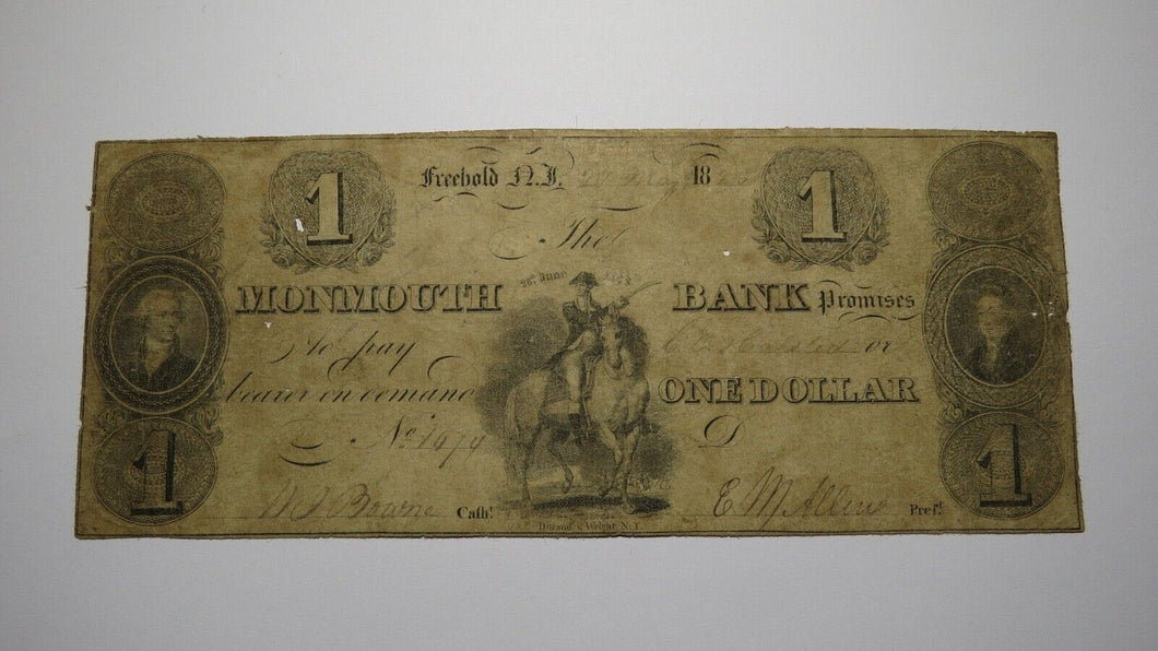 $1 1825 Freehold New Jersey Obsolete Currency Bank Note Bill Monmouth Bank!