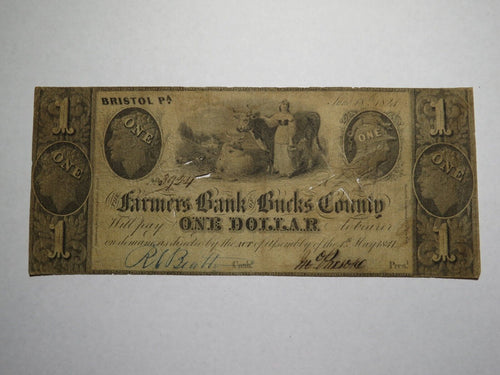 $1 1841 Bristol Pennsylvania PA Obsolete Currency Bank Note Bill Bucks County