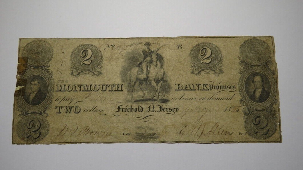 $2 1825 Freehold New Jersey Obsolete Currency Bank Note Bill Monmouth Bank!