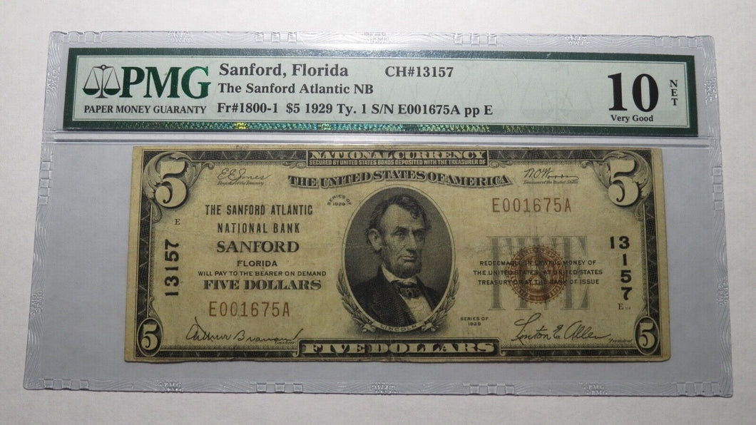 $5 1929 Sanford Florida FL National Currency Bank Note Bill Ch. #13157 VG10 PMG