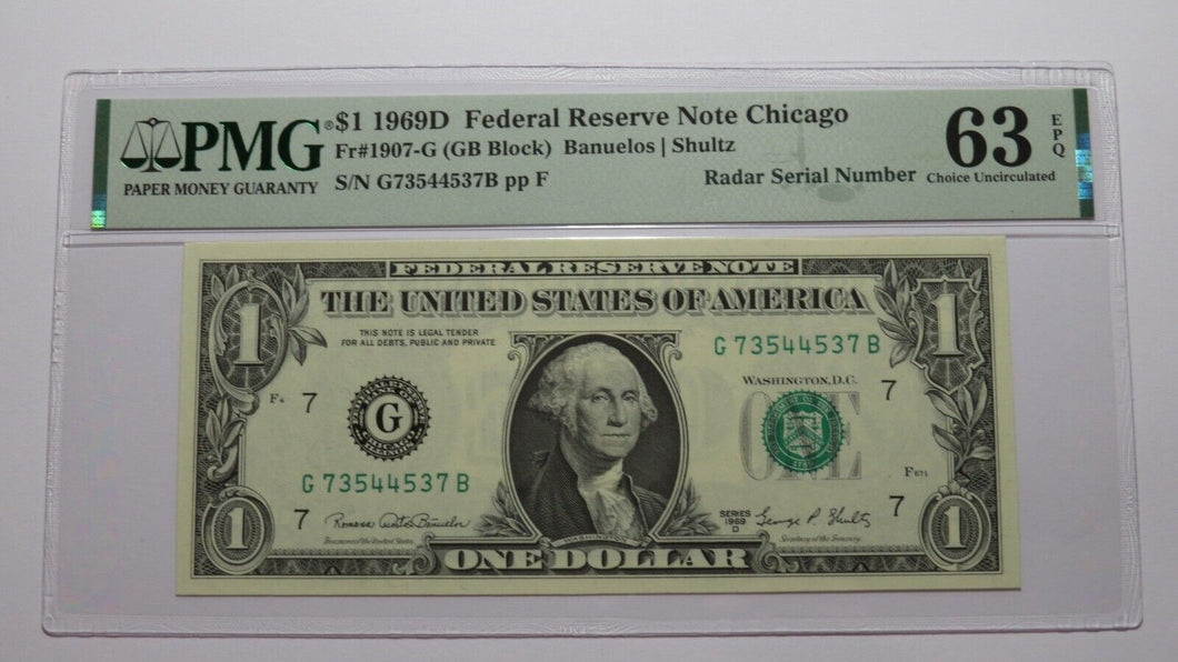 $1 1969 Radar Serial Number Federal Reserve Currency Bank Note Bill PMG UNC63EPQ