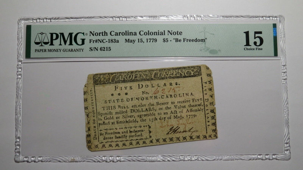 1779 $5 North Carolina NC Colonial Currency Bank Note Bill F15 