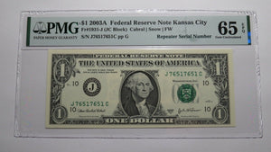 $1 2003 Repeater Serial Number Federal Reserve Currency Bank Note Bill UNC65EPQ