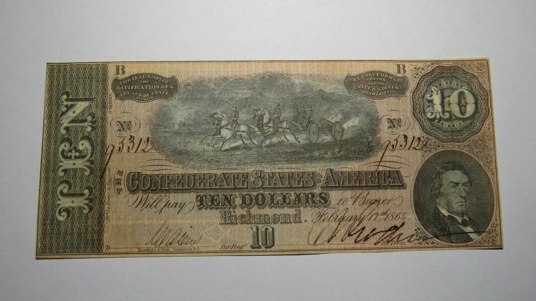 $10 1864 Richmond Virginia VA Confederate Currency Bank Note Bill RARE T68 XF