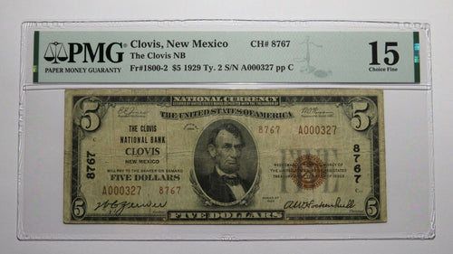 $5 1929 Clovis New Mexico NM National Currency Bank Note Bill Ch. #8767 F15 PMG