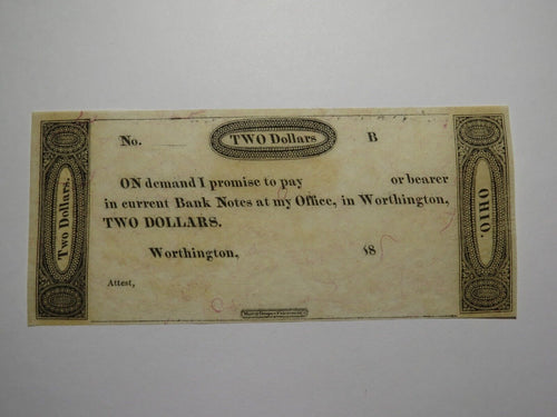 $2 18__ Worthington Ohio OH Obsolete Currency Bank Note Erza Griswold UNC++
