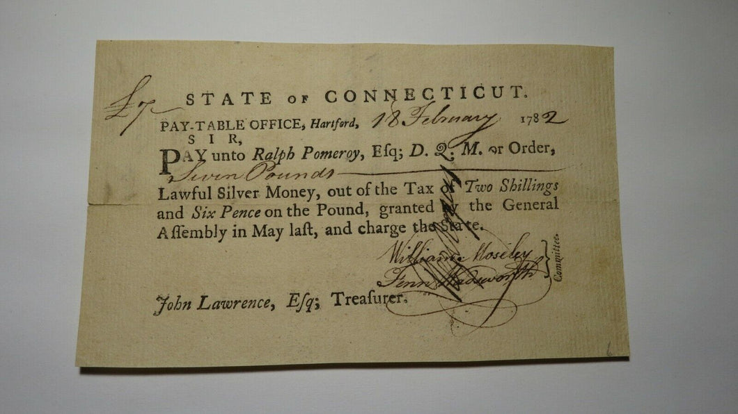 1782 Connecticut Pay Table Office Colonial Currency Note Bill! Wadsworth Mosley