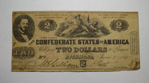 $2 1862 Richmond Virginia VA Confederate Currency Bank Note Bill RARE T42