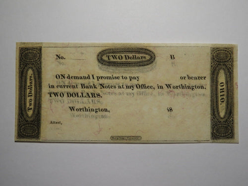 $2 18__ Worthington Ohio OH Obsolete Currency Bank Note Erza Griswold UNC++