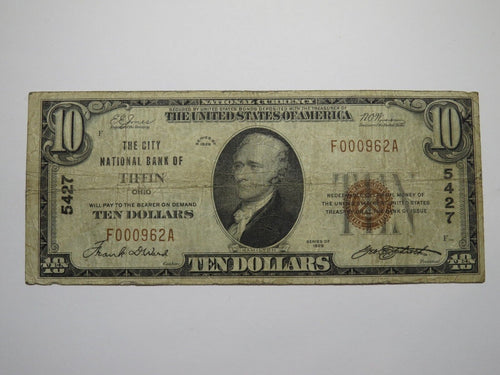 $10 1929 Tiffin Ohio OH National Currency Bank Note Bill Charter #5427 RARE