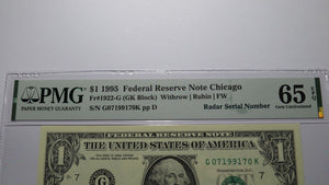 $1 1995 Radar Serial Number Federal Reserve Currency Bank Note Bill PMG UNC65EPQ