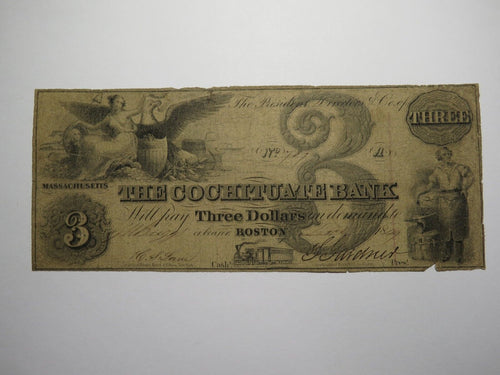 $3 1849 Boston Massachusetts MA Obsolete Currency Bank Note Bill Cochituate Bank