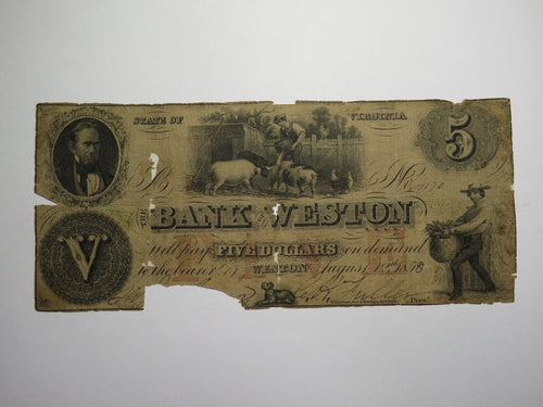 $5 1858 Weston Virginia VA Obsolete Currency Note Bill! Bank of Weston RARE