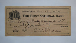 $2.50 1931 Hibbing Minnesota MN Cancelled Check! First National Bank