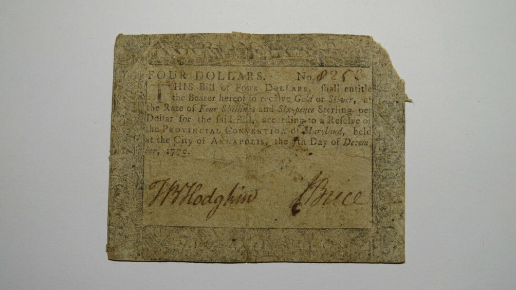 1775 $4 Annapolis Maryland MD Colonial Currency Bank Note Bill! RARE ISSUE