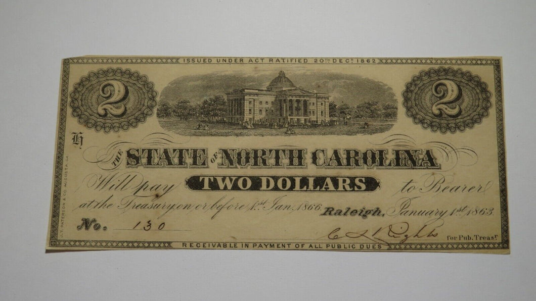 $2 1863 Raleigh North Carolina Obsolete Currency Bank Note Bill State of NC XF+