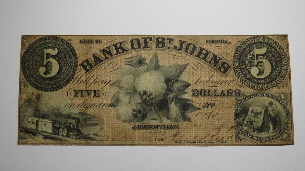 $5 1859 Jacksonville Florida FL Obsolete Currency Bank Note Bill St. Johns Bank