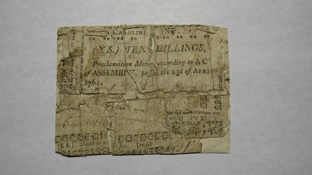 1761 Ten Shillings North Carolina NC Colonial Currency Note Bill! RARE 10s