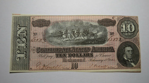 $10 1864 Richmond Virginia VA Confederate Currency Bank Note Bill RARE T68 AU+++