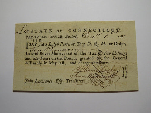 1781 Connecticut Pay Table Office Colonial Currency Note Bill! Wadsworth/Mosley