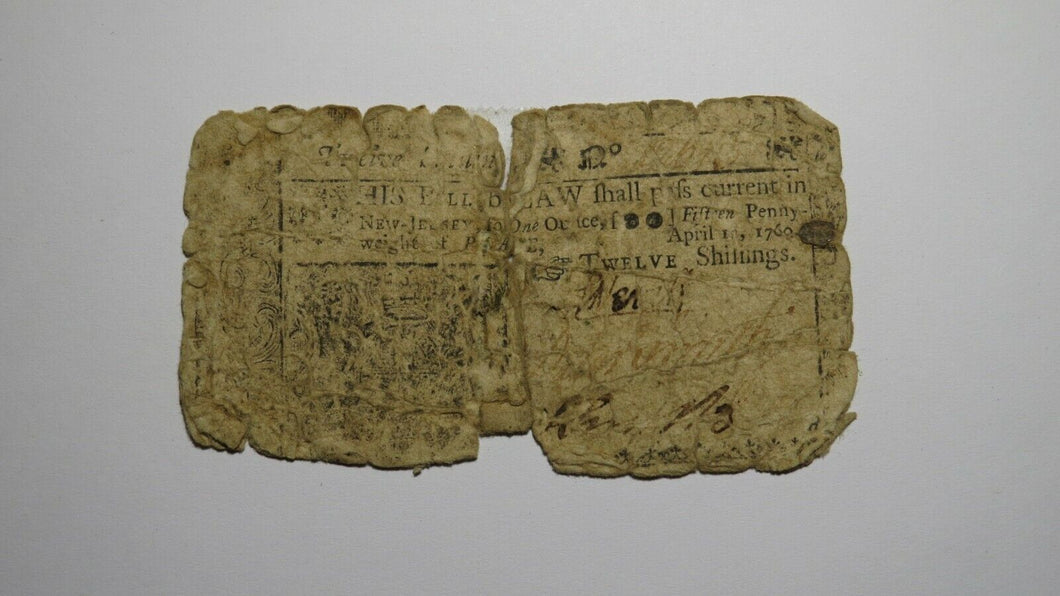 1760 Twelve Shillings New Jersey NJ Colonial Currency Bank Note Bill 12s RARE!