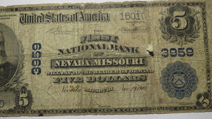 $5 1902 Nevada Missouri MO National Currency Bank Note Bill! Ch. #3959 RARE!