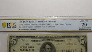 $5 1929 Mankato Kansas KS National Currency Bank Note Bill Ch. #6817 VF20 PCGS