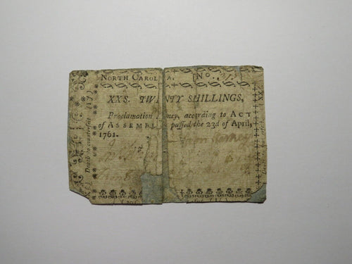 1761 Twenty Shillings North Carolina NC Colonial Currency Note Bill RARE 20s